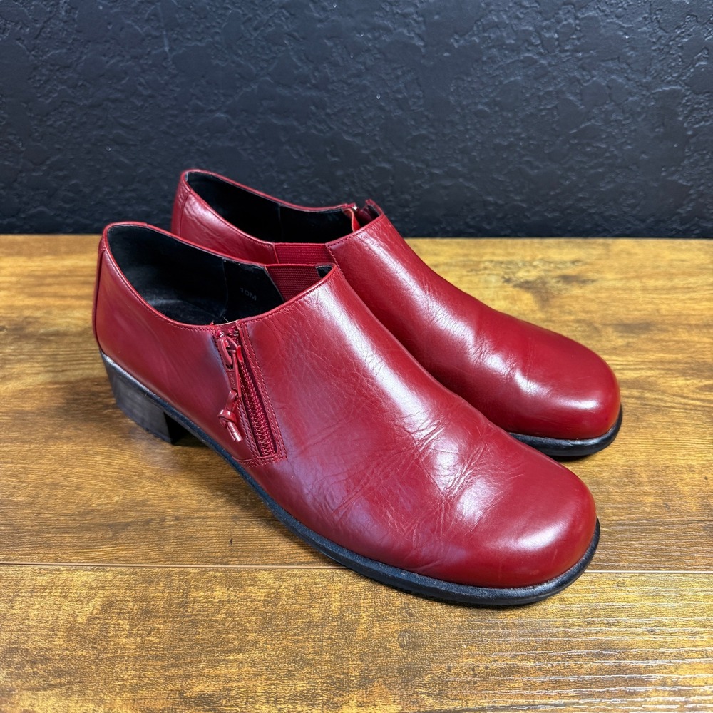 Van Eli Red Leather Side Zip Low Block Heel Ankle Booties Womens 10M